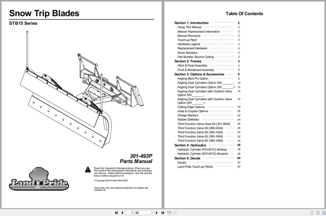 Land Pride Snow Trip Blades STB15 Series Parts Manual 301 493P (1)