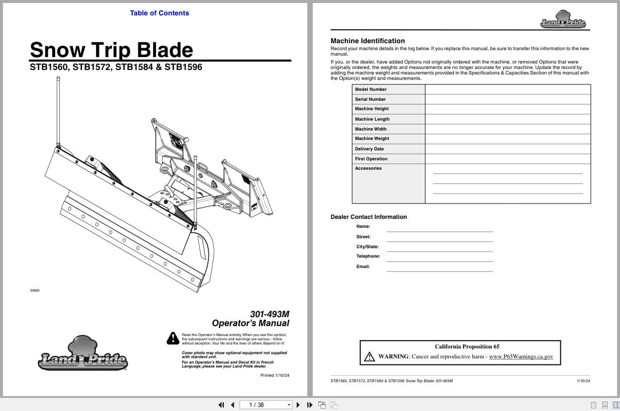 Land Pride Snow Trip Blades STB1560 STB1572 STB1584 STB1596 Operation Manual 301 493M (1)