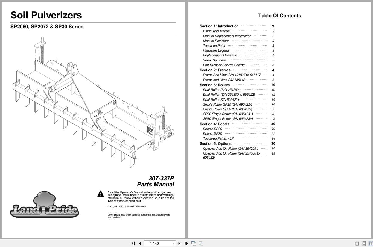Land Pride Soil Pulverizer SP2060 SP2072 SP30 Series Parts Manual 307 337P (1)