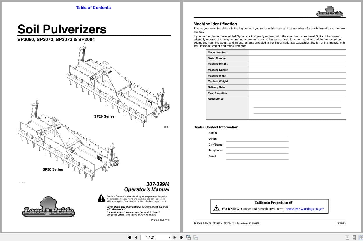 Land Pride Soil Pulverizer SP2060 SP2072 SP3072 SP3084 Operator Manual 307 099M (1)
