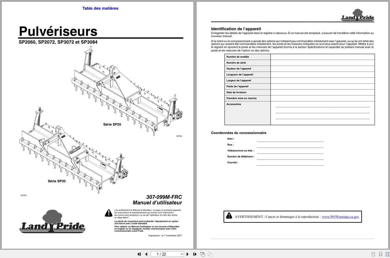 Land Pride Soil Pulverizer SP2060 SP2072 SP3072 SP3084 Operator Manual 307 099M FRC FR (1)