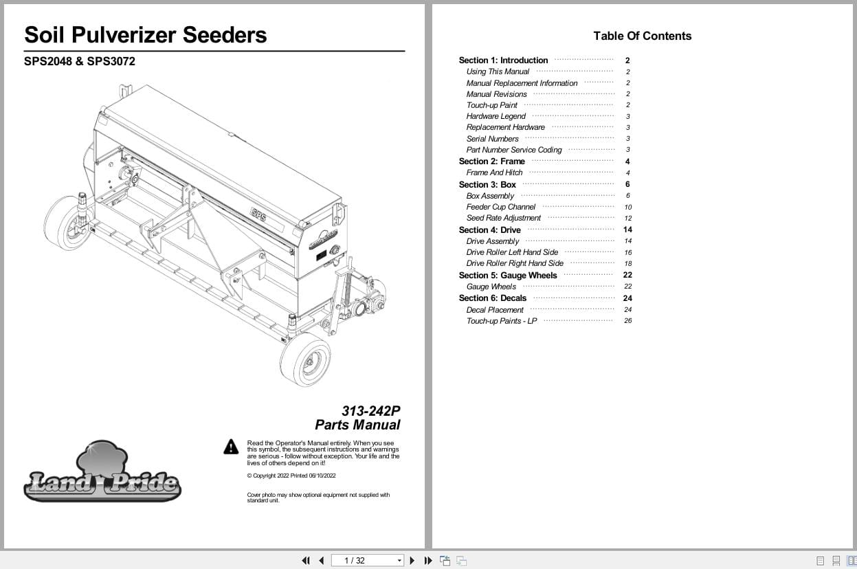 Land Pride Soil Pulverizer SPS2048 SPS3072 Parts Manual 313 242P (1)