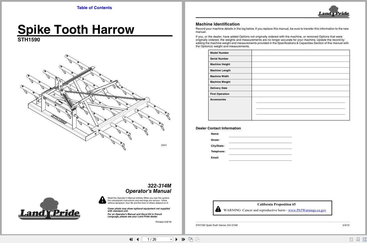 Land Pride Spike Tooth Harrow STH1590 Operation Manual 322 314M (1)