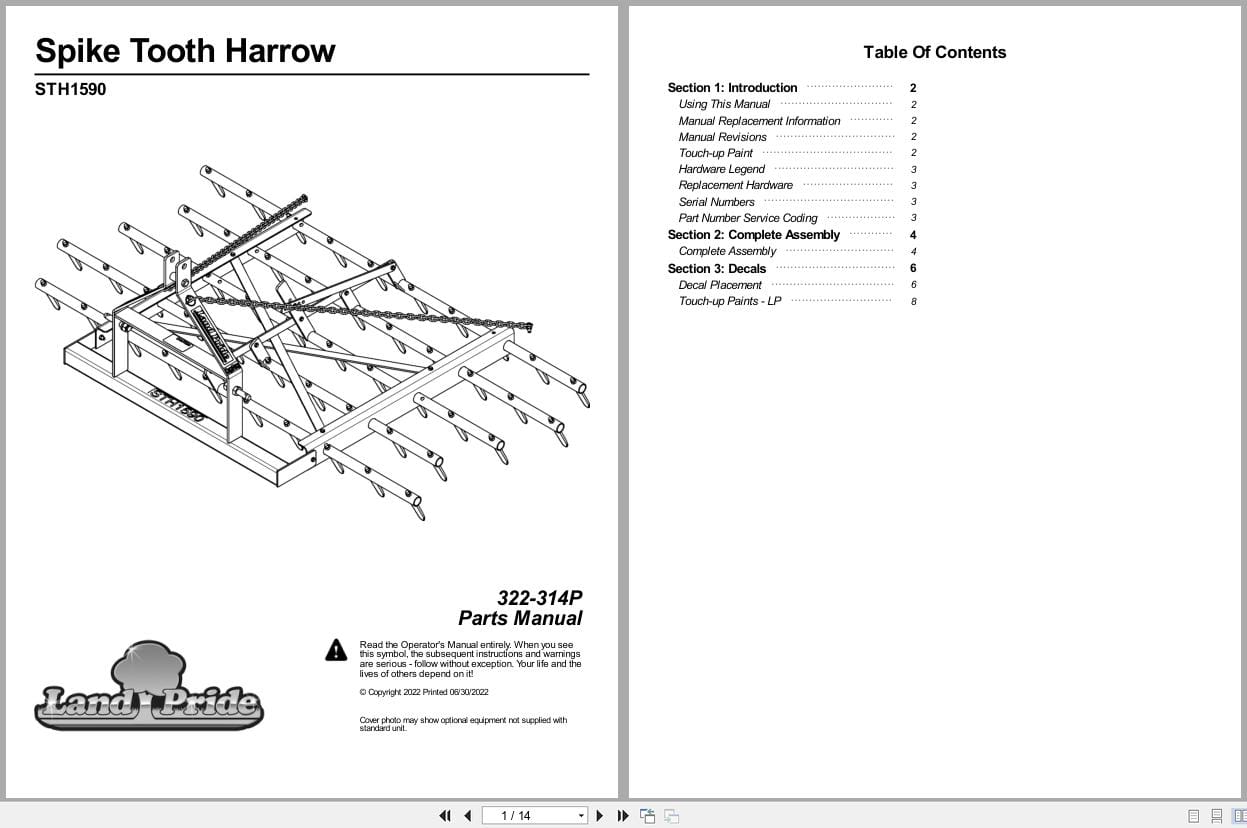 Land Pride Spike Tooth Harrow STH1590 Parts Manual 322 314P (1)