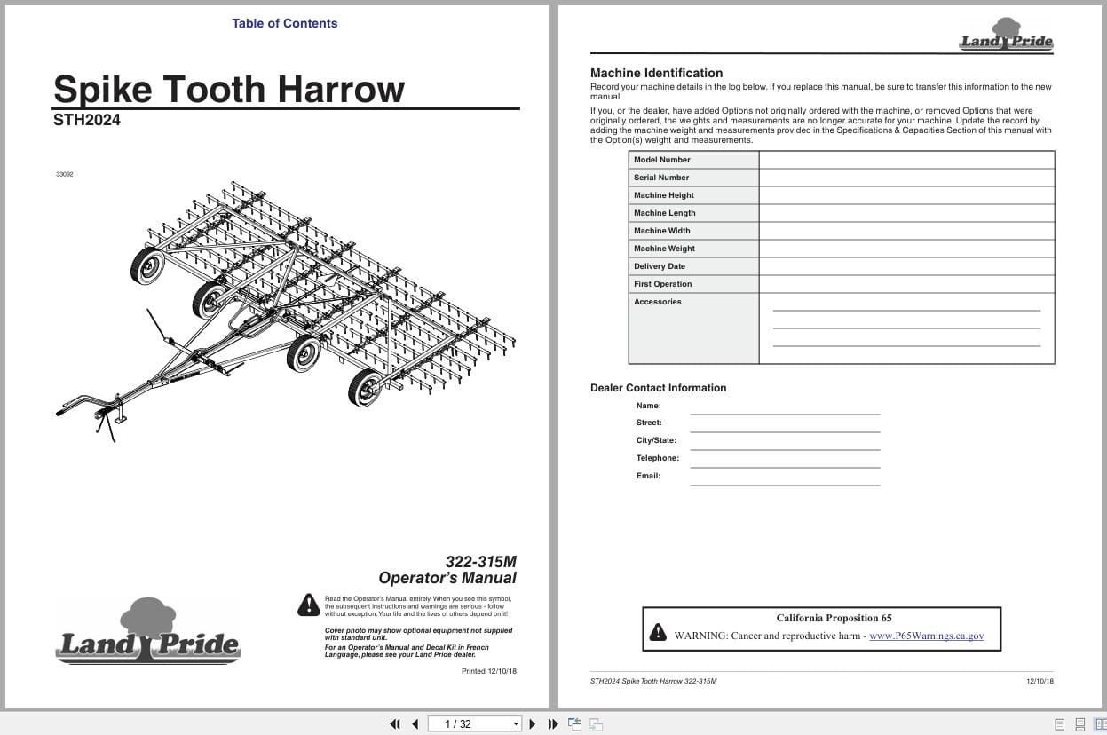 Land Pride Spike Tooth Harrow STH2024 Operation Manual 322 315M (1)