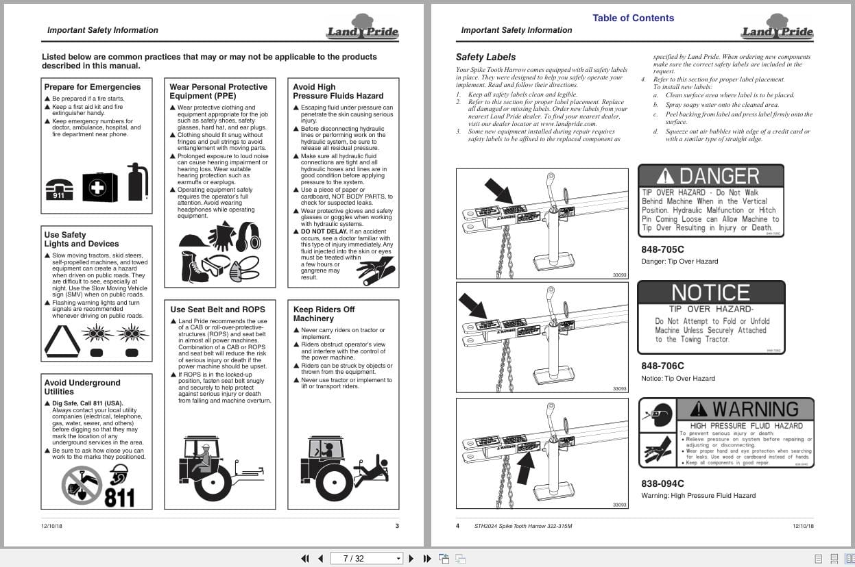 Land Pride Spike Tooth Harrow STH2024 Operation Manual 322 315M (2)