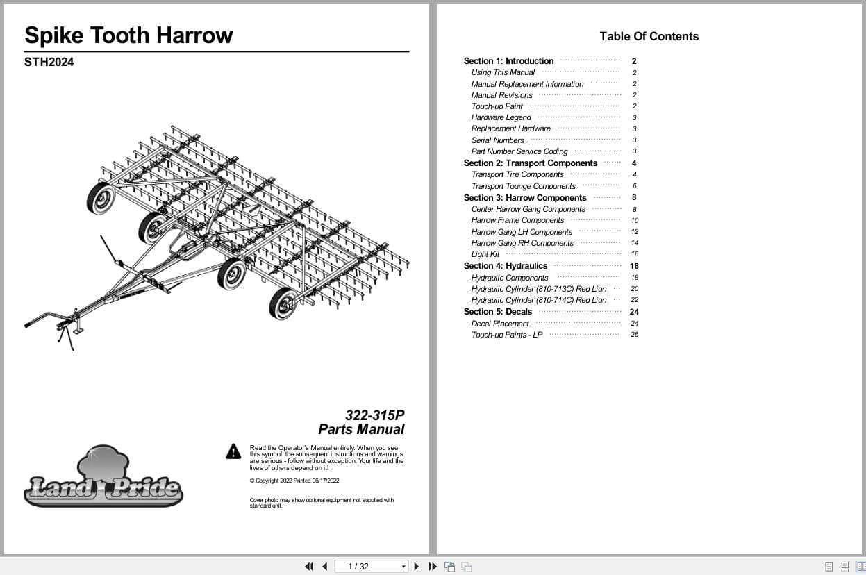 Land Pride Spike Tooth Harrow STH2024 Parts Manual 322 315P (1)