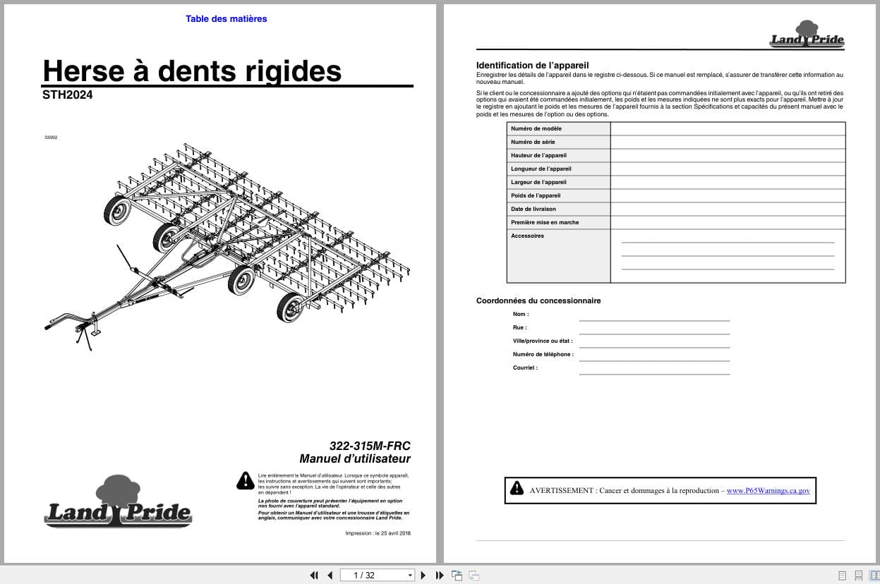 Land Pride Spike Tooth Harrows STH2024 Operator Manual 322 315M FRC FR (1)