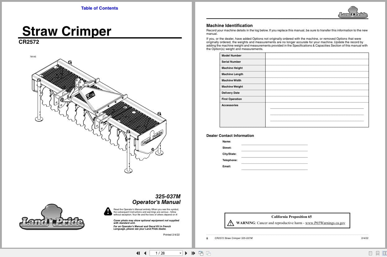 Land Pride Straw Crimper CR2572 Operator Manual 325 037M (1)