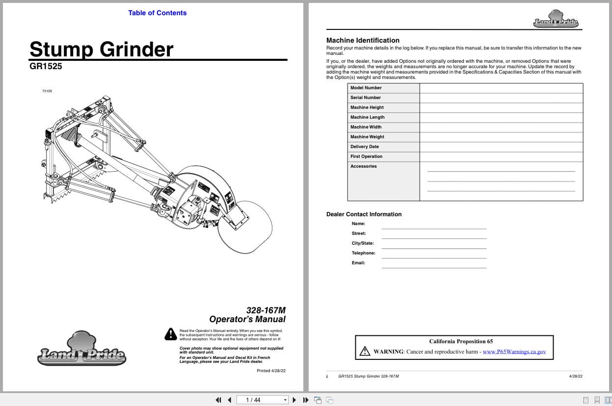 Land Pride Stump Grinder GR1525 Operation Manual 328 167M (1)