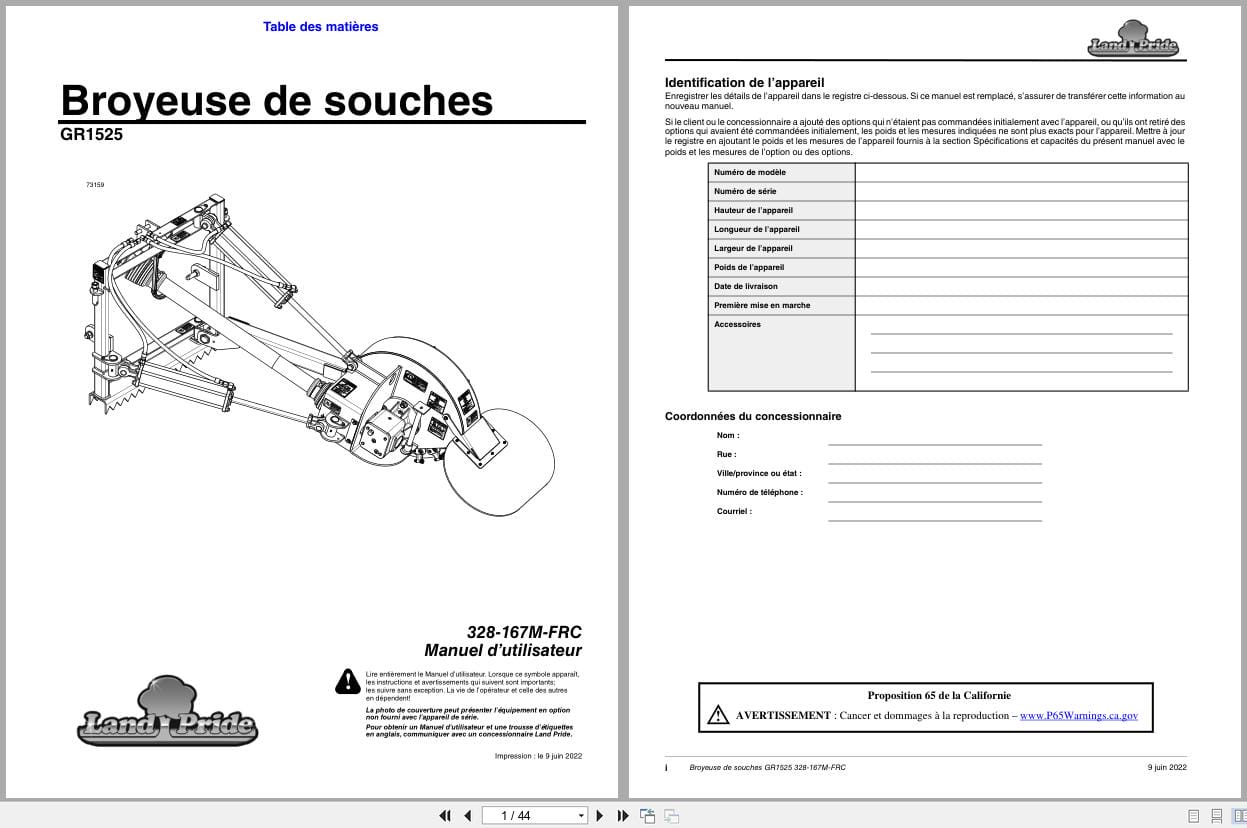 Land Pride Stump Grinder GR1525 Operator Manual 328 167M FRC FR (1)