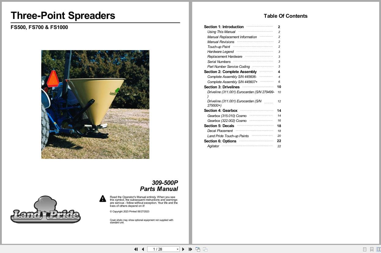 Land Pride Three Point Spreader FS500 FS700 FS1000 Parts Manual 309 500P (1)