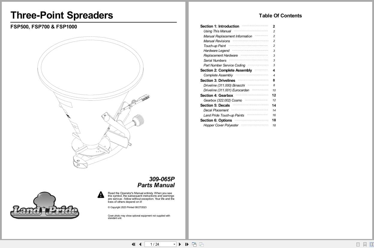 Land Pride Three Point Spreader FSP500 FSP700 FSP1000 Parts Manual 309 065P (1)