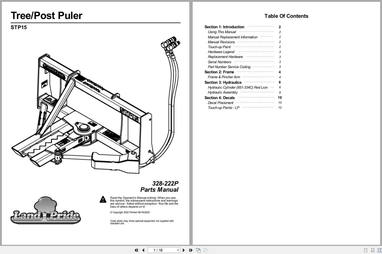 Land Pride Tree Post Puller STP15 Parts Manual 328 222P (1)
