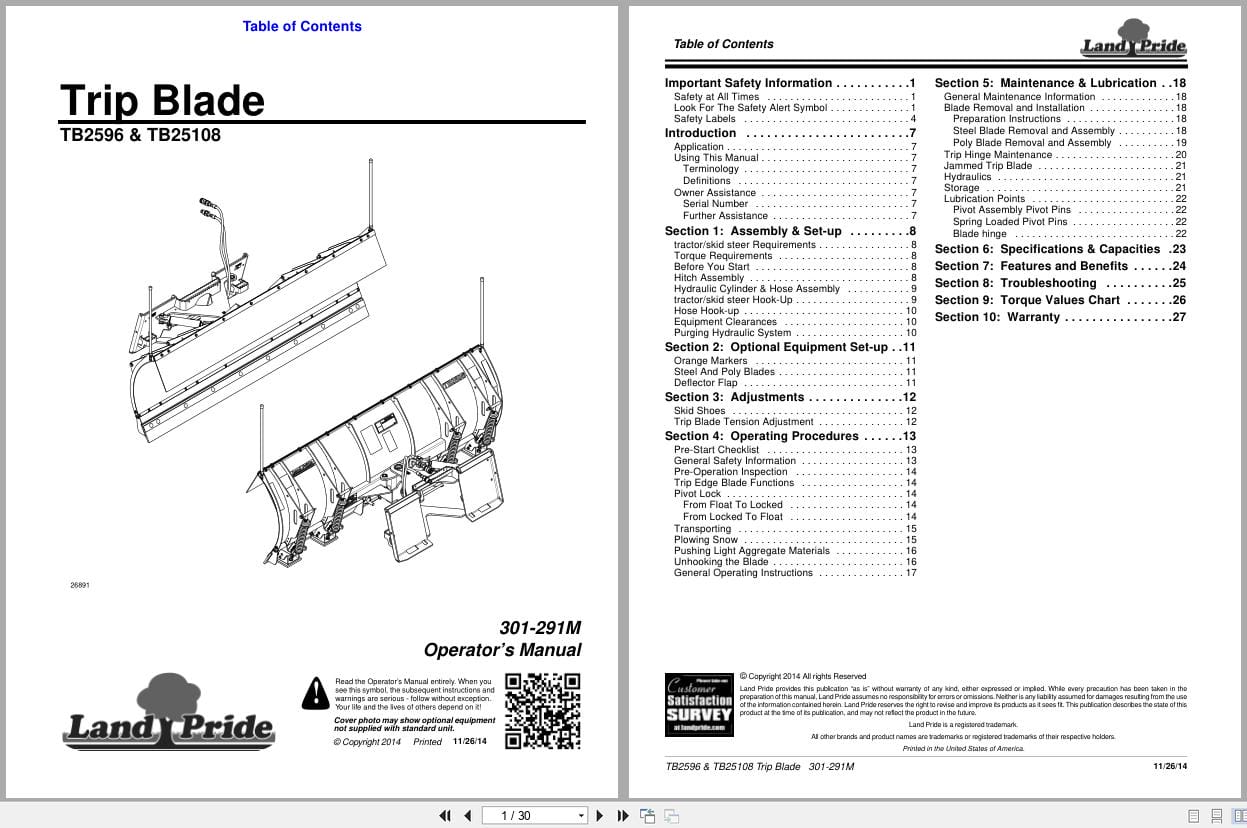 Land Pride Trip Blade TB2596 TB25108 Operation Manual 301 291M (1)