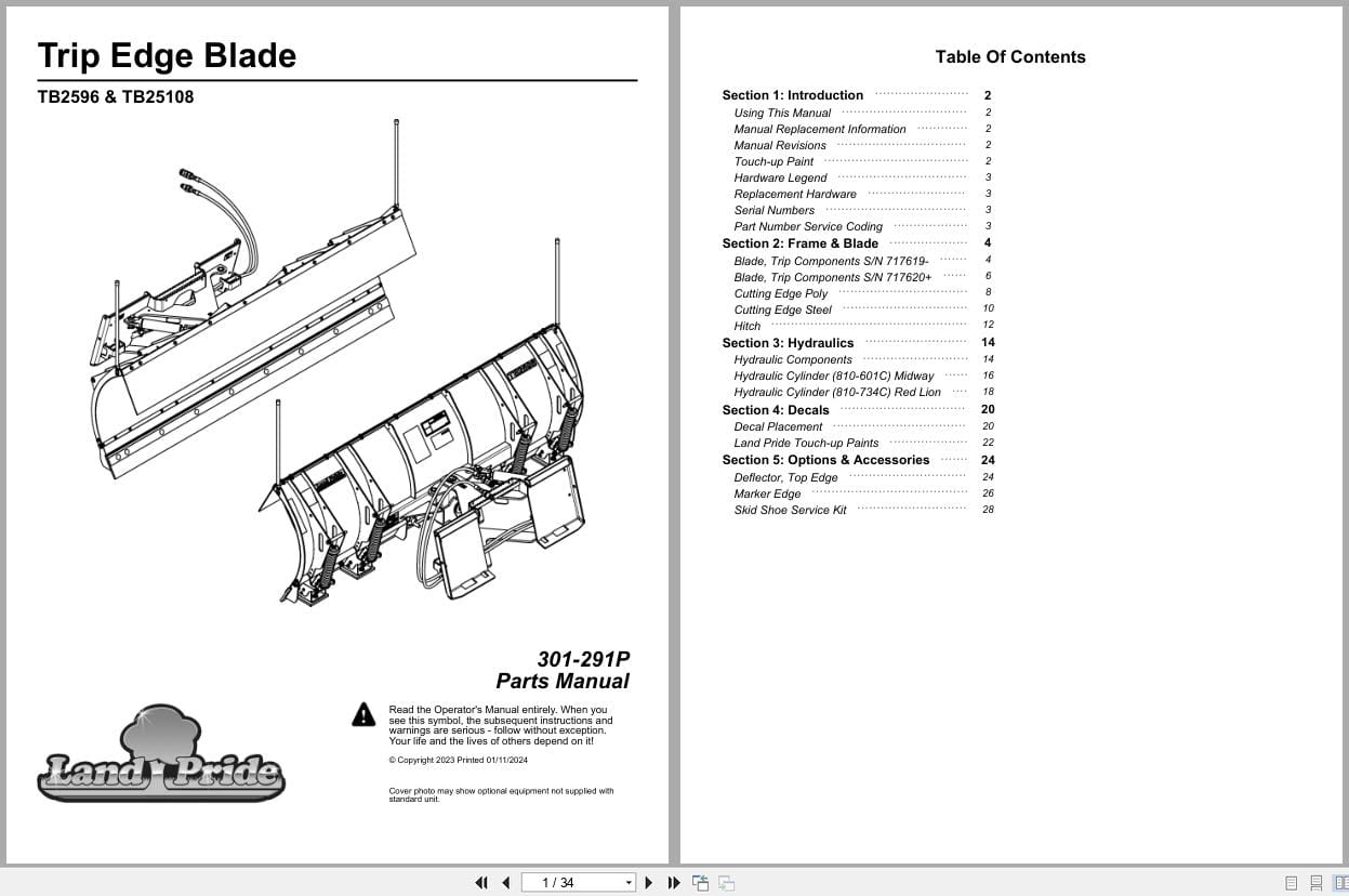 Land Pride Trip Edge Blade TB2596 TB25108 Parts Manual 301 291P (1)