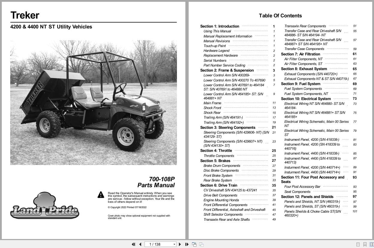 Land Pride Utility Vehicles Treker 4200 NT 4200 ST 4400 NT 4400 ST Parts Manual 700 108P (1)