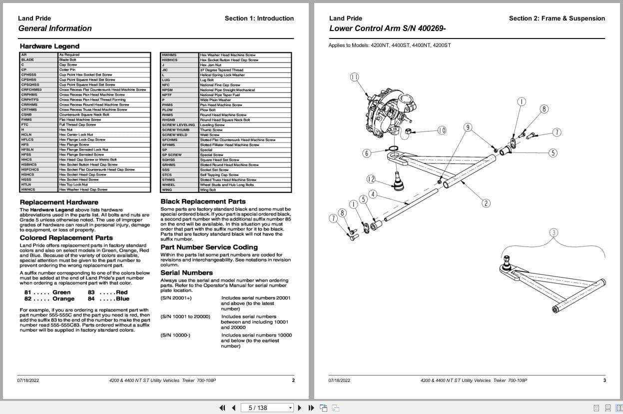 Land Pride Utility Vehicles Treker 4200 NT 4200 ST 4400 NT 4400 ST Parts Manual 700 108P (2)