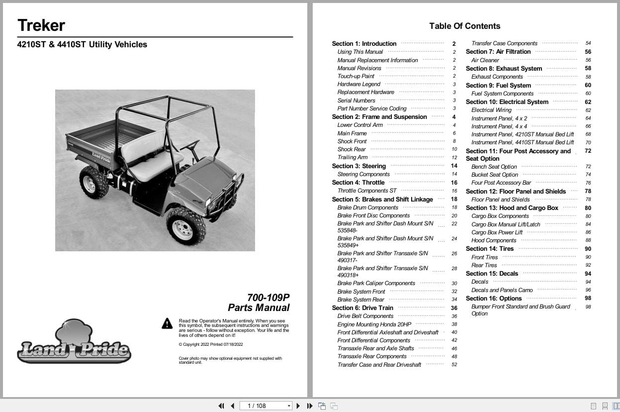 Land Pride Utility Vehicles Treker 4210ST 4410ST Parts Manual 700 109P (1)