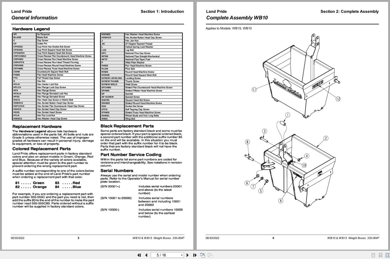 Land Pride Weight Boxes WB10 WB15 Parts Manual 335 064P (2)