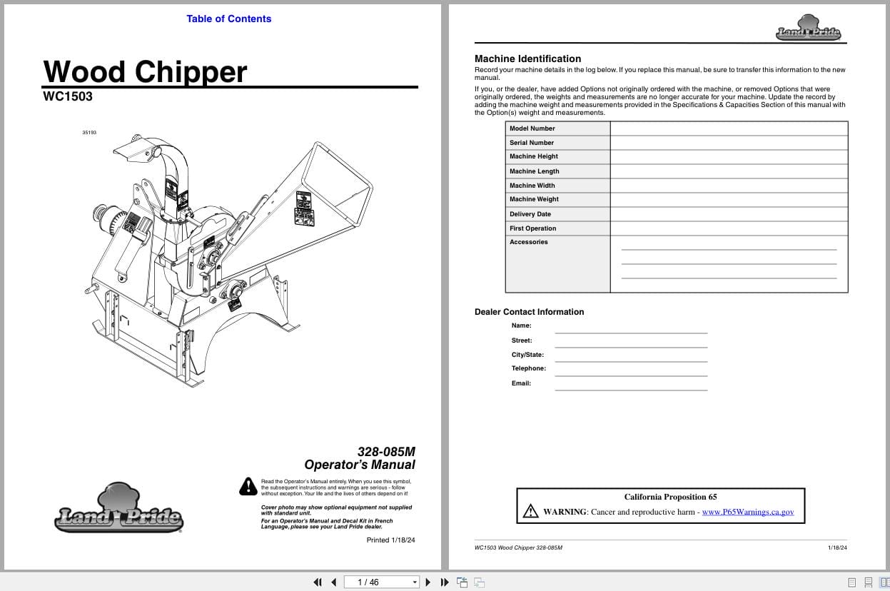 Land Pride Wood Chipper WC1503 Operation Manual 328 085M (1)