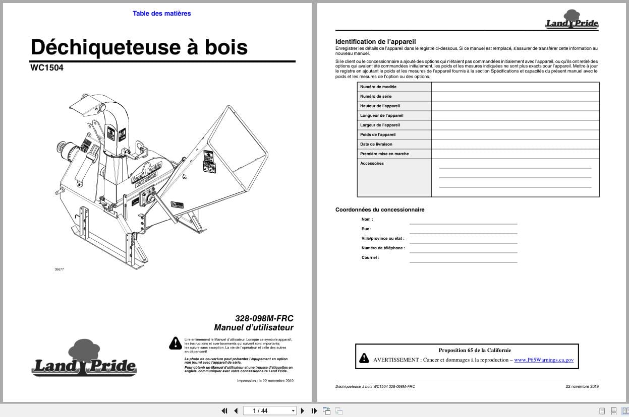 Land Pride Wood Chipper WC1504 Operator Manual 328 098M FRC FR (1)