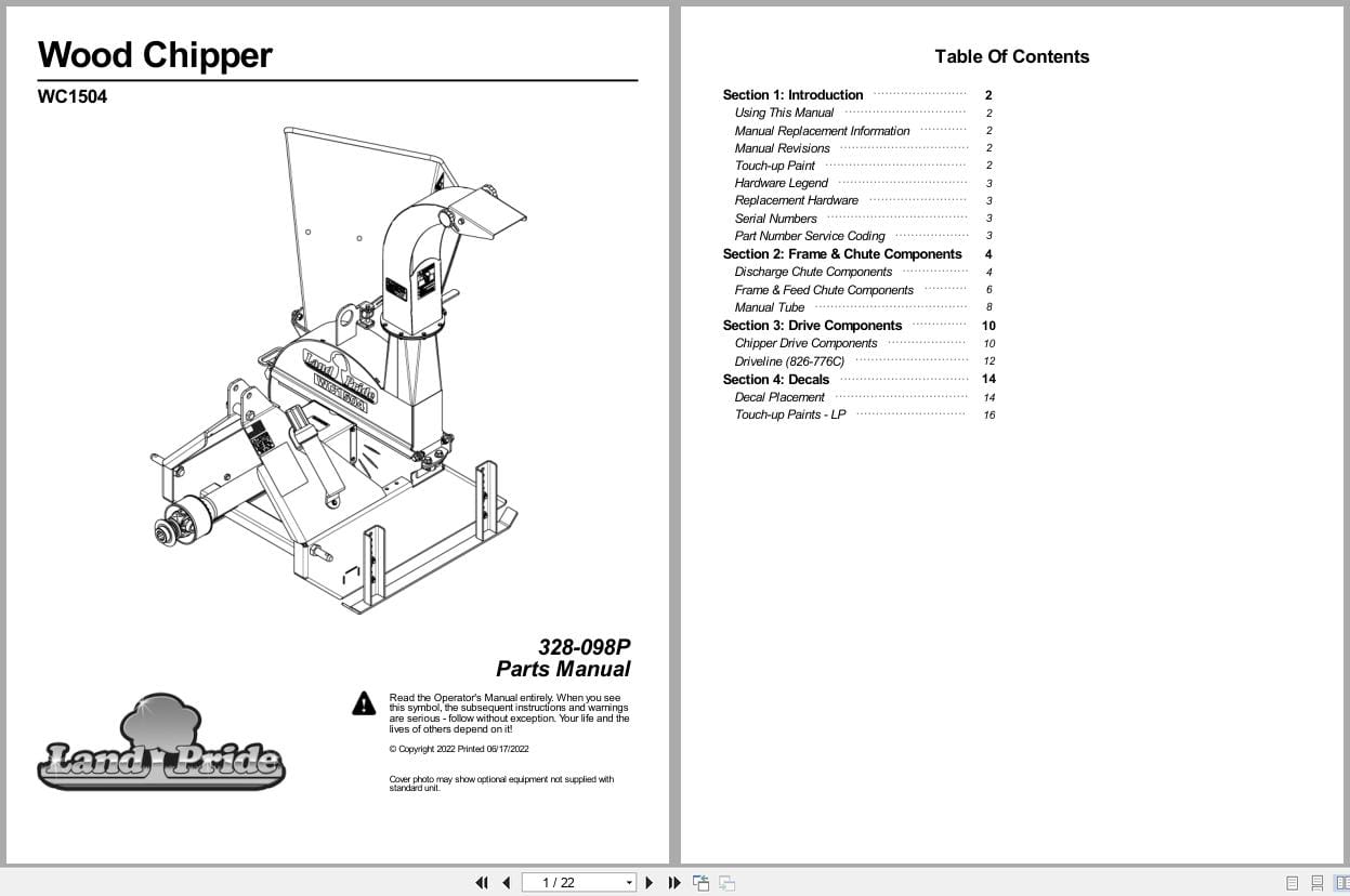 Land Pride Wood Chipper WC1504 Parts Manual 328 098P (1)