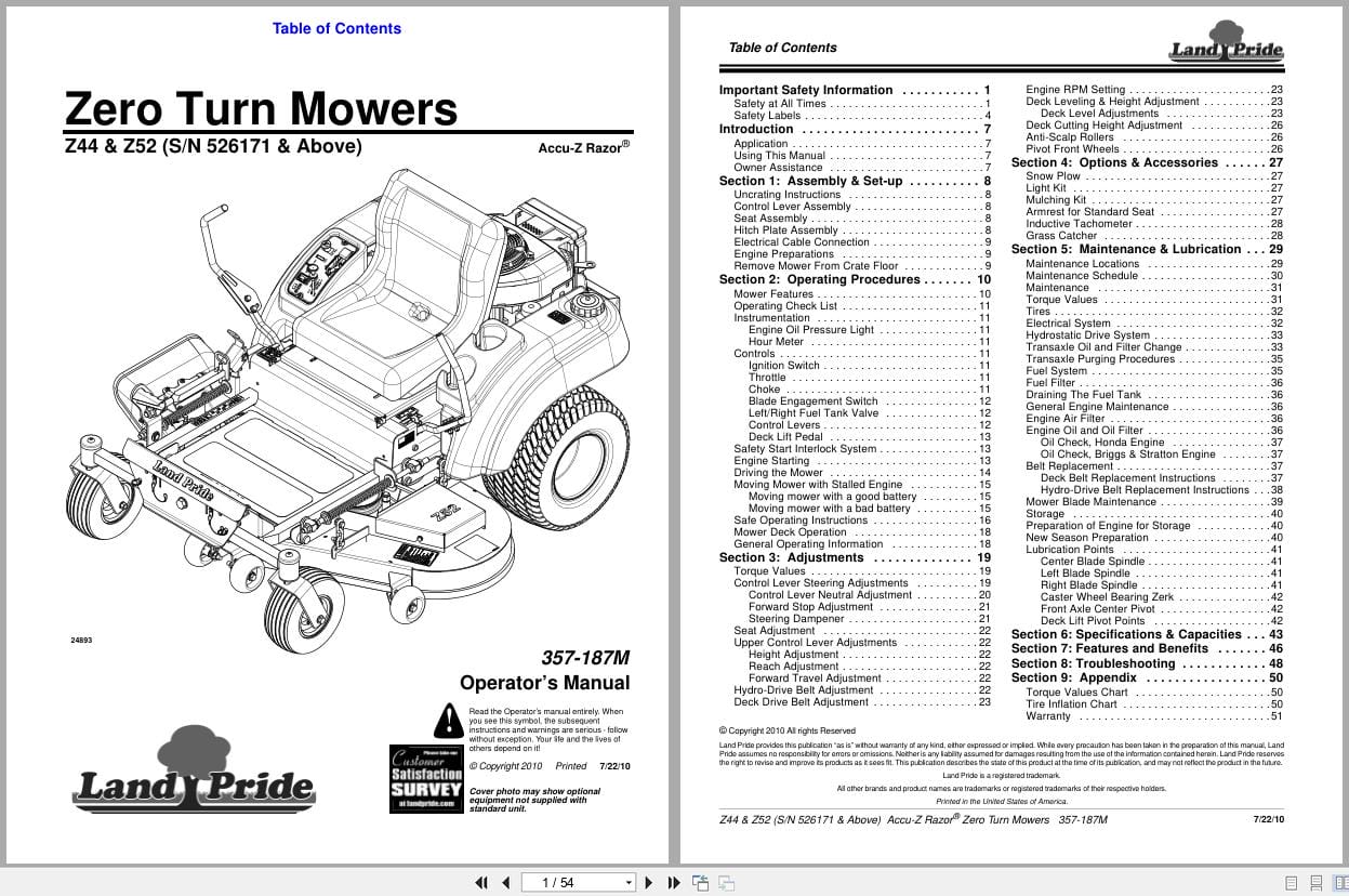 Land Pride Zero Turn Mowers Z44 Z52 Operation Manual 357 187M (1)