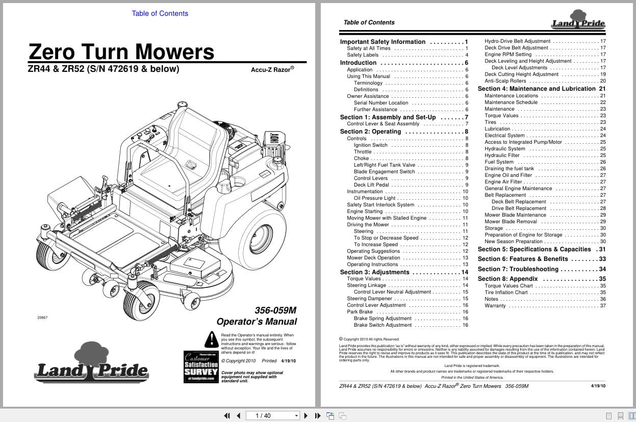 Land Pride Zero Turn Mowers ZR44 ZR52 Operator Manual 356 059M (1)