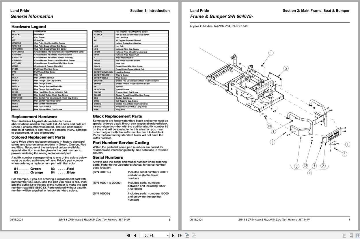 Land Pride Zero Turn Mowers ZR48 ZR54 Parts Manual 357 344P (2)