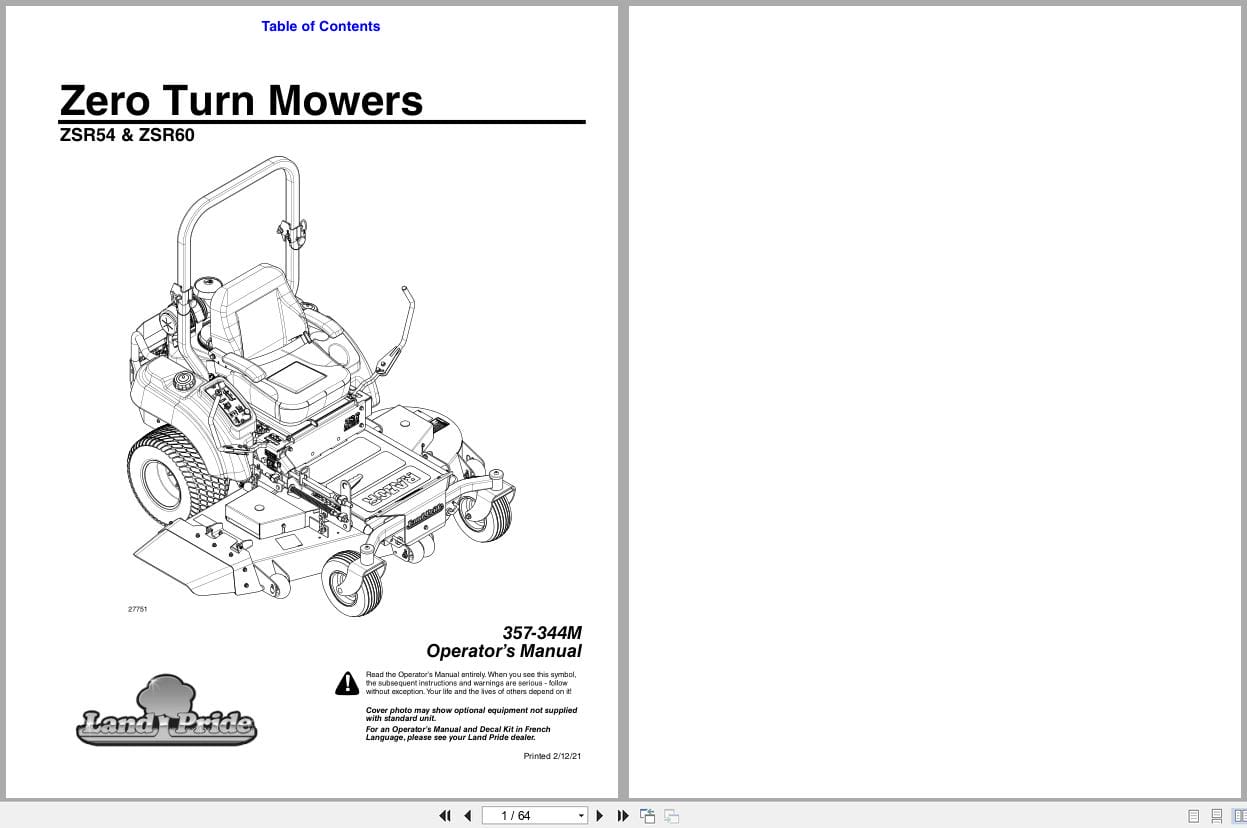 Land Pride Zero Turn Mowers ZSR54 ZSR60 Operation Manual 357 344M (1)