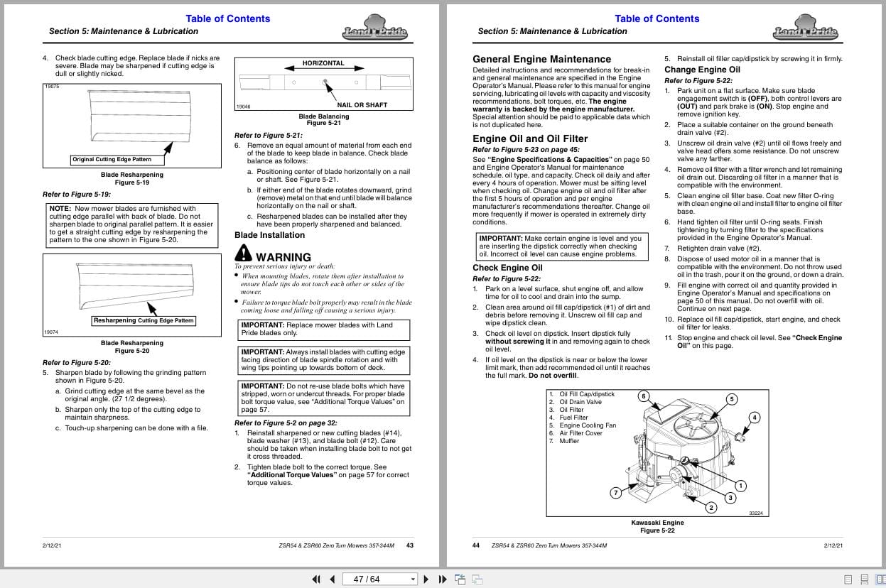 Land Pride Zero Turn Mowers ZSR54 ZSR60 Operation Manual 357 344M (2)