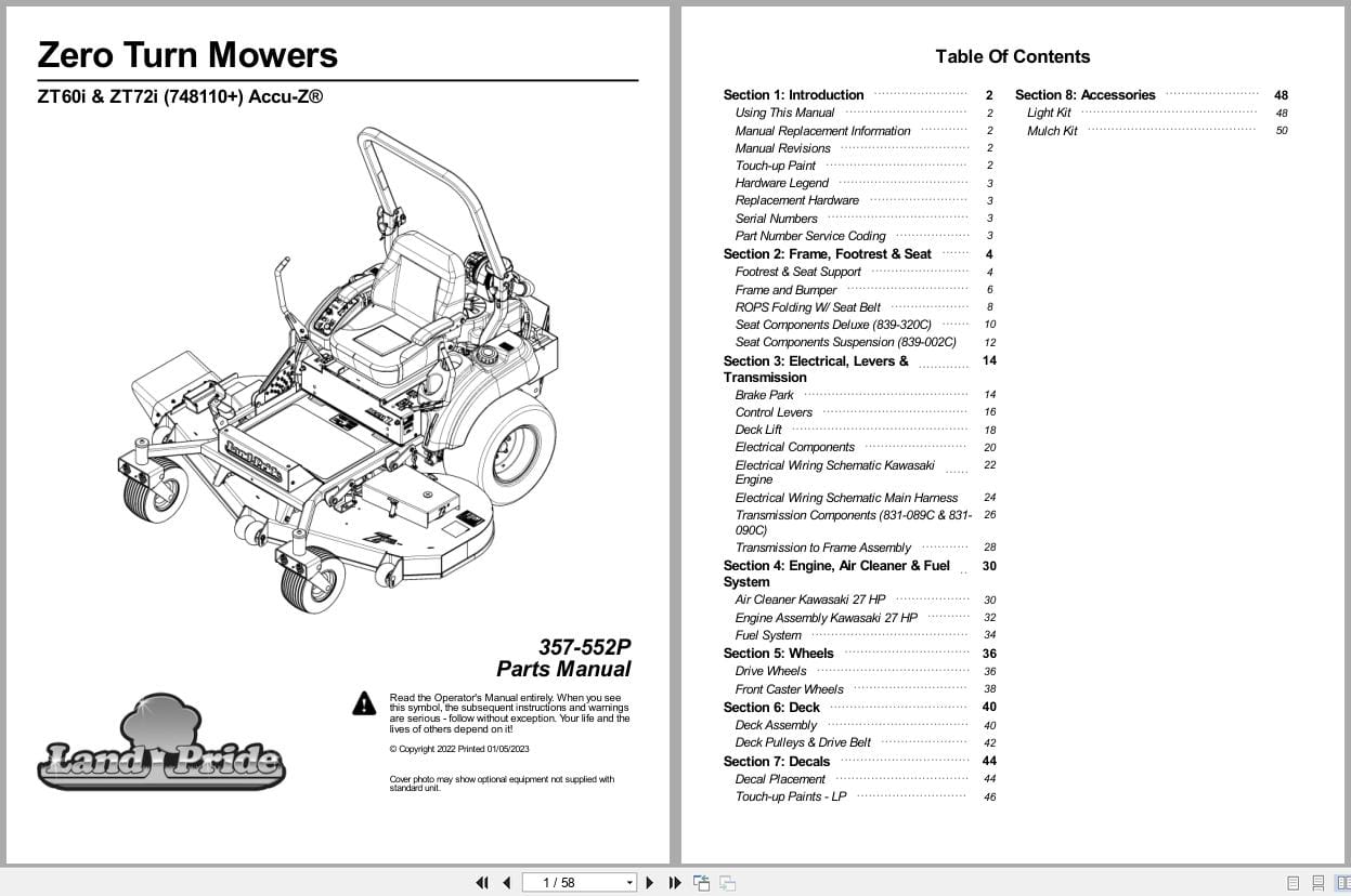 Land Pride Zero Turn Mowers ZT60i ZT72i Parts Manual 357 552P (1)