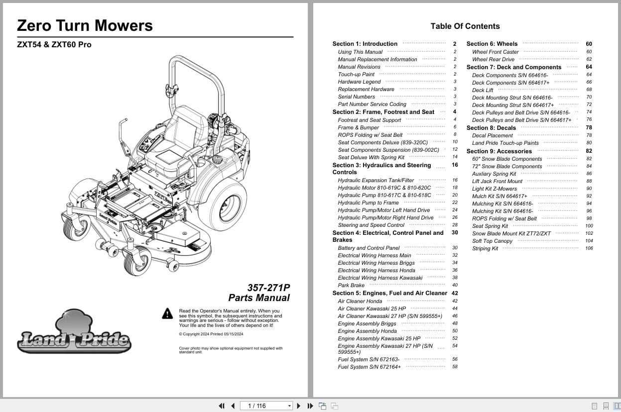 Land Pride Zero Turn Mowers ZXT54 ZXT60 Pro Parts Manual 357 271P (1)