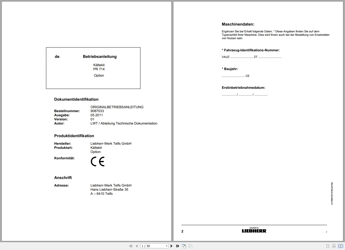 Liebherr Bulldozer PR 714 Cold Kit Operating Instructions 9087033 DE (1)