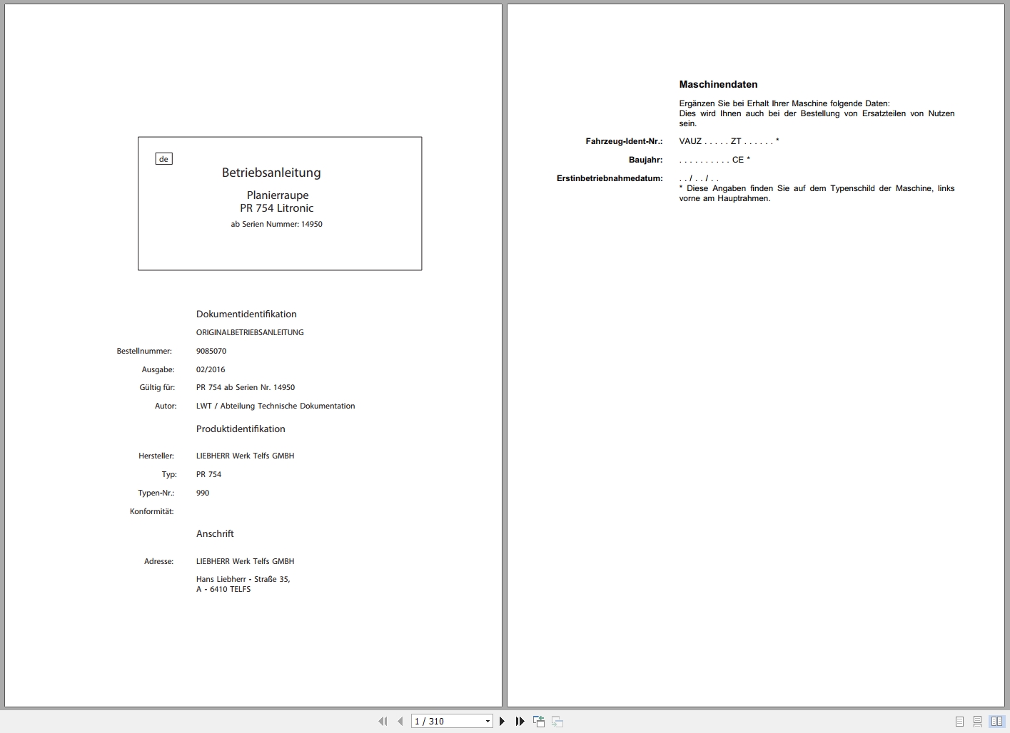 Liebherr Bulldozer PR 754 Litronic Operating Instructions 9085070 DE (1)