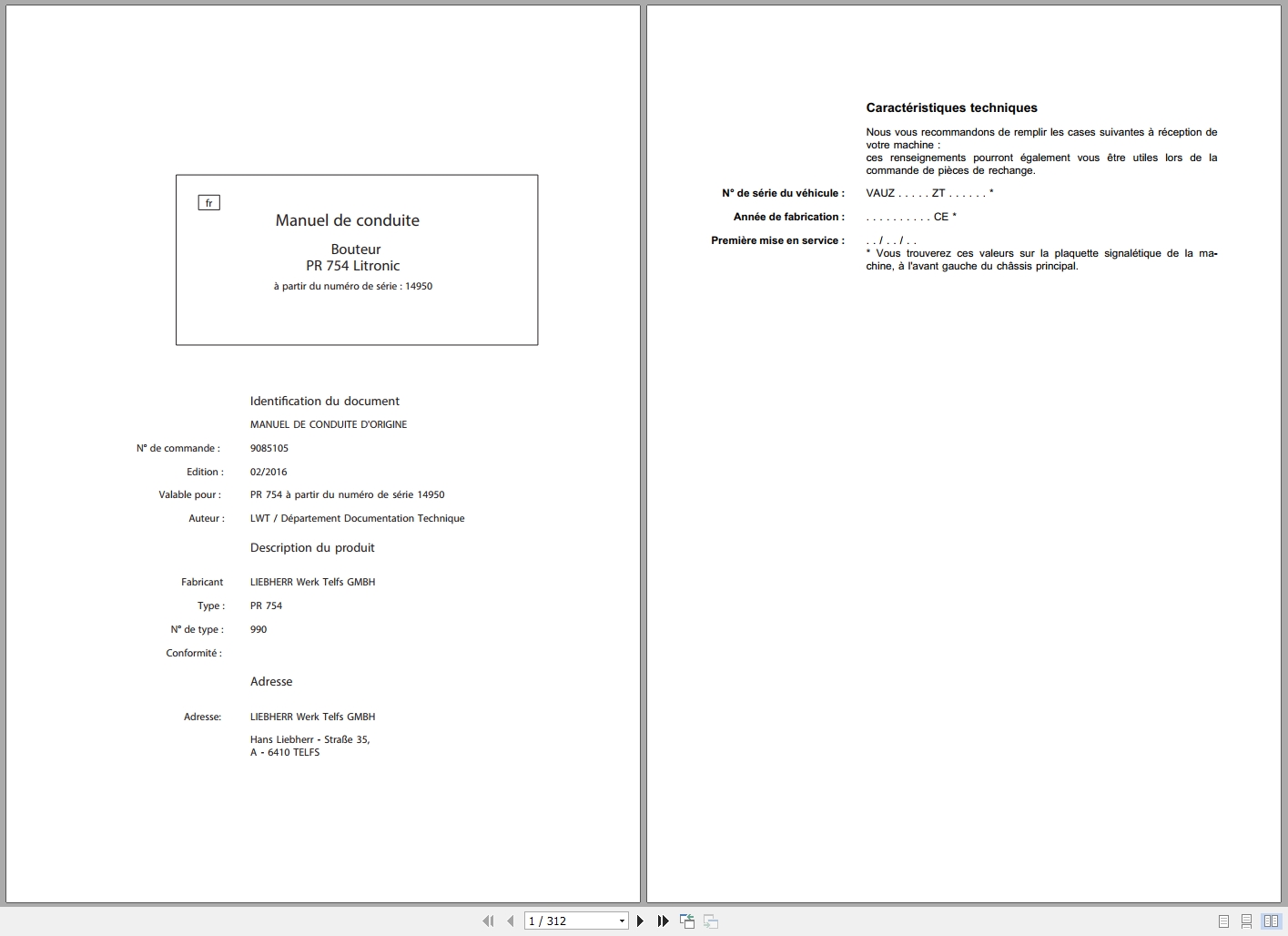 Liebherr Bulldozer PR 754 Litronic Operating Instructions 9085105 FR (1)