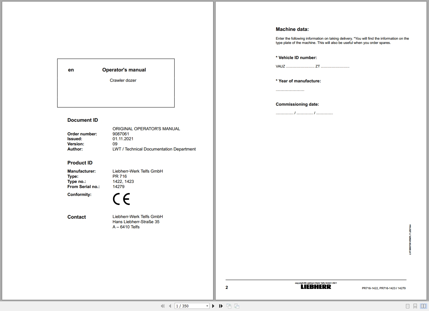Liebherr Crawler Dozer PR 716 Operators Manual 9087061 2021 (1)