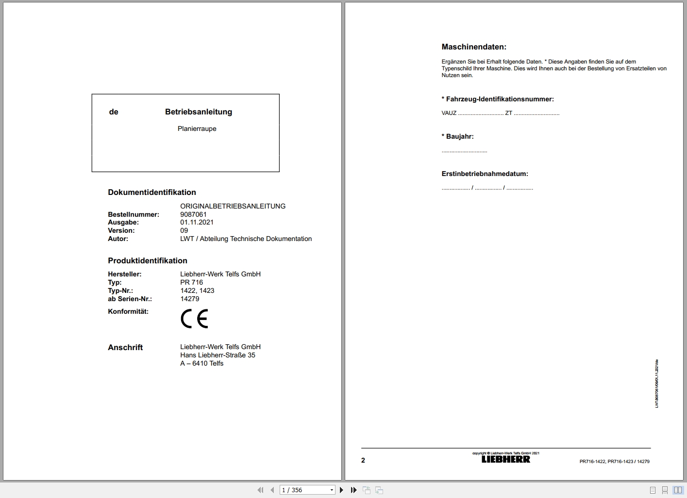 Liebherr Crawler Dozer PR 716 Operators Manual 9087061 2021 DE (1)