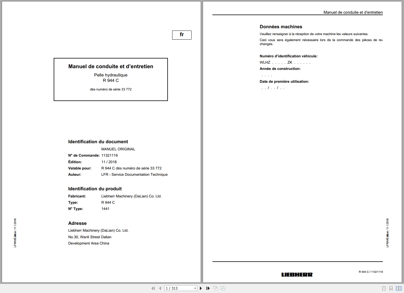 Liebherr Hydraulic Excavator R 944 C Operating Manual 11321119 FR (1)