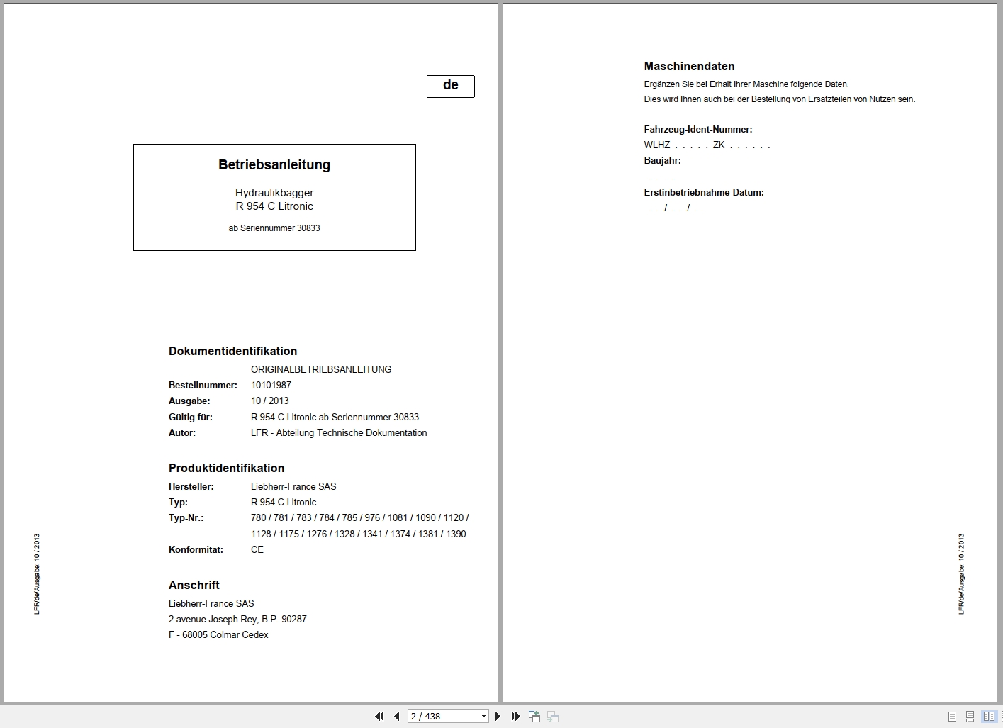 Liebherr Hydraulic Excavator R 954 C Litronic Operating Manual 10101987 DE (1)
