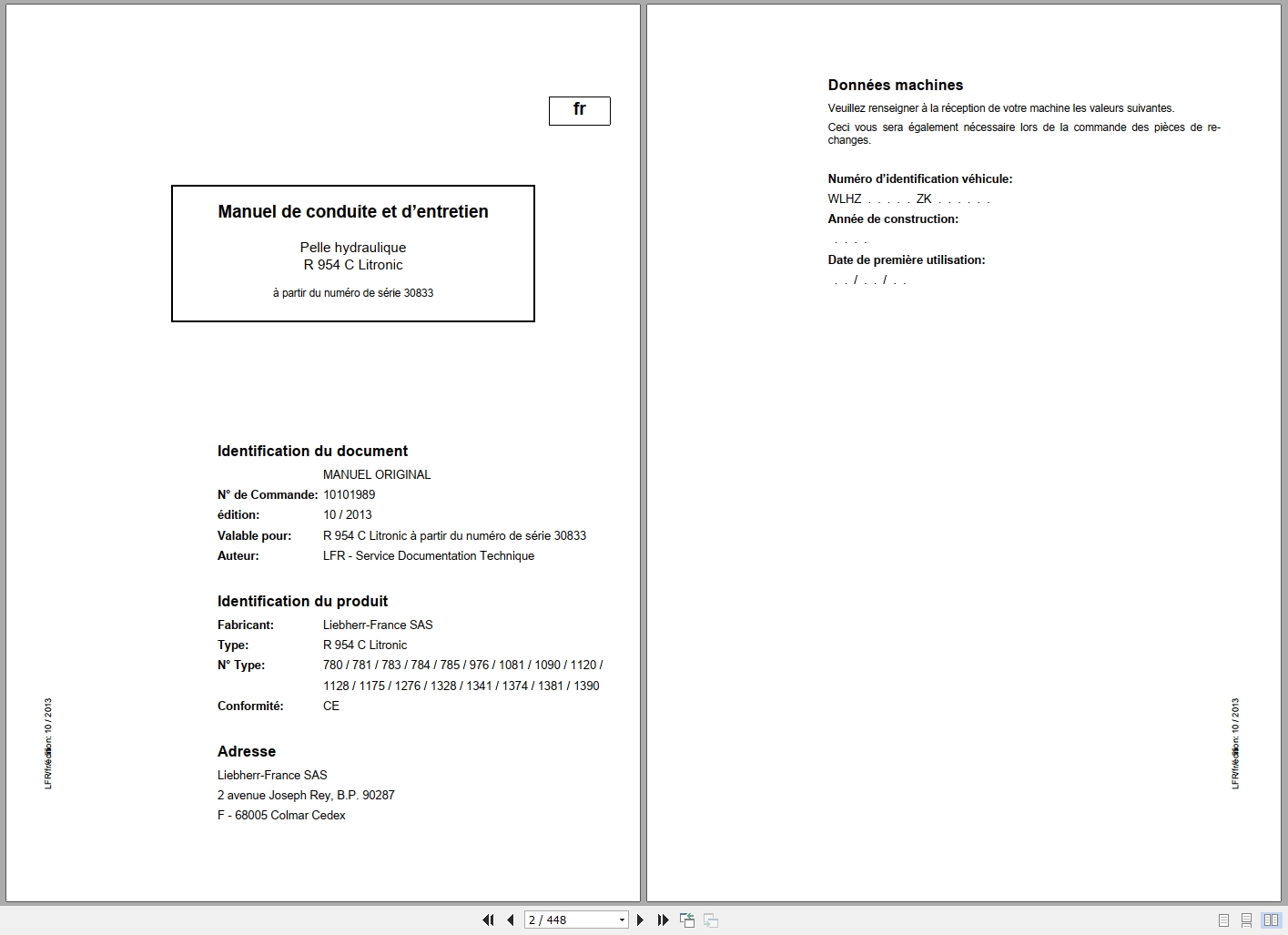 Liebherr Hydraulic Excavator R 954 C Litronic Operating Manual 10101987 FR (1)