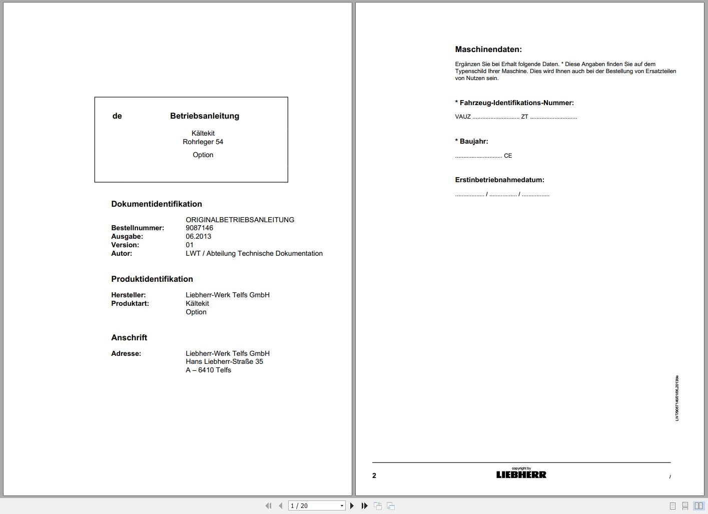 Liebherr Pipelayer RL 54 Cold Kit Operating Instructions 9087146 DE (1)