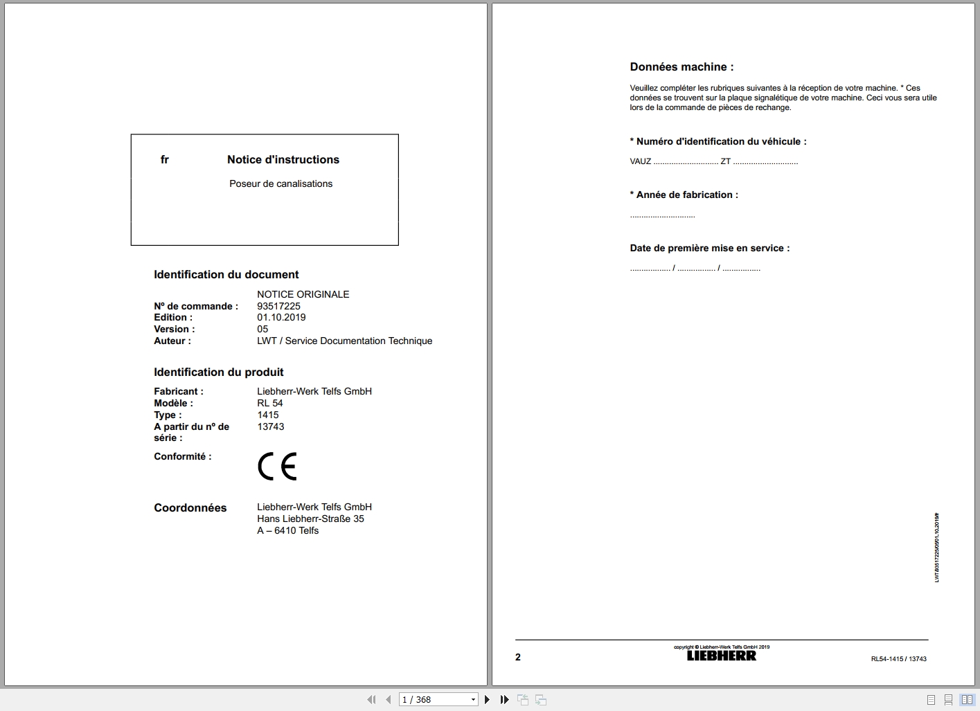 Liebherr Pipelayer RL 54 Operating Instructions 93517225 FR (1)