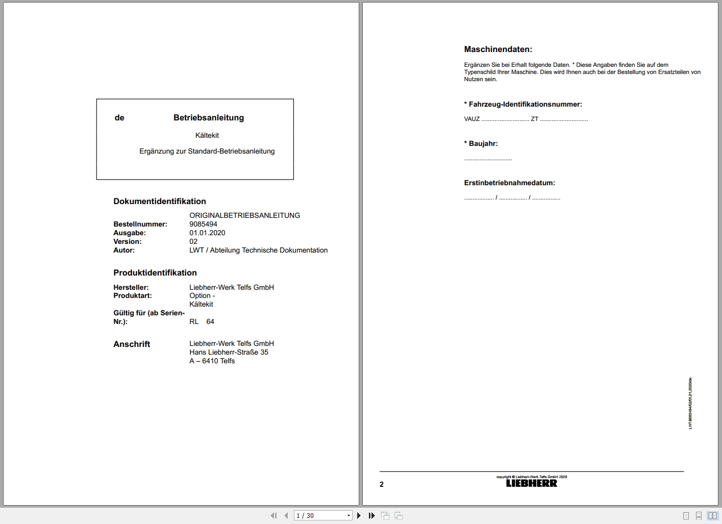 Liebherr Pipelayer RL 64 Cold Kit Operating Instructions 9085494 2020 DE (1)