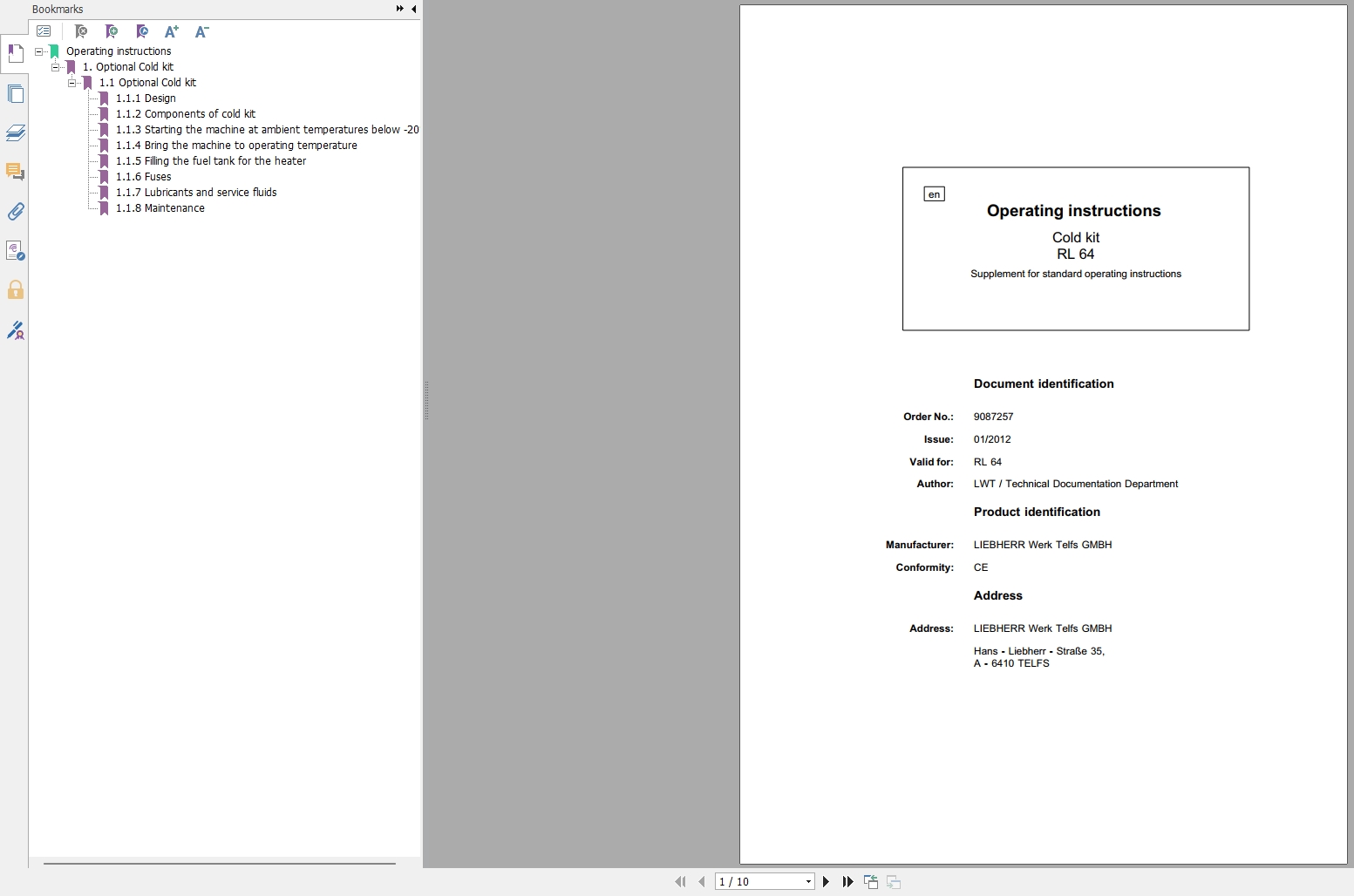 Liebherr Pipelayer RL 64 Cold Kit Operating Instructions 9087257 (1)