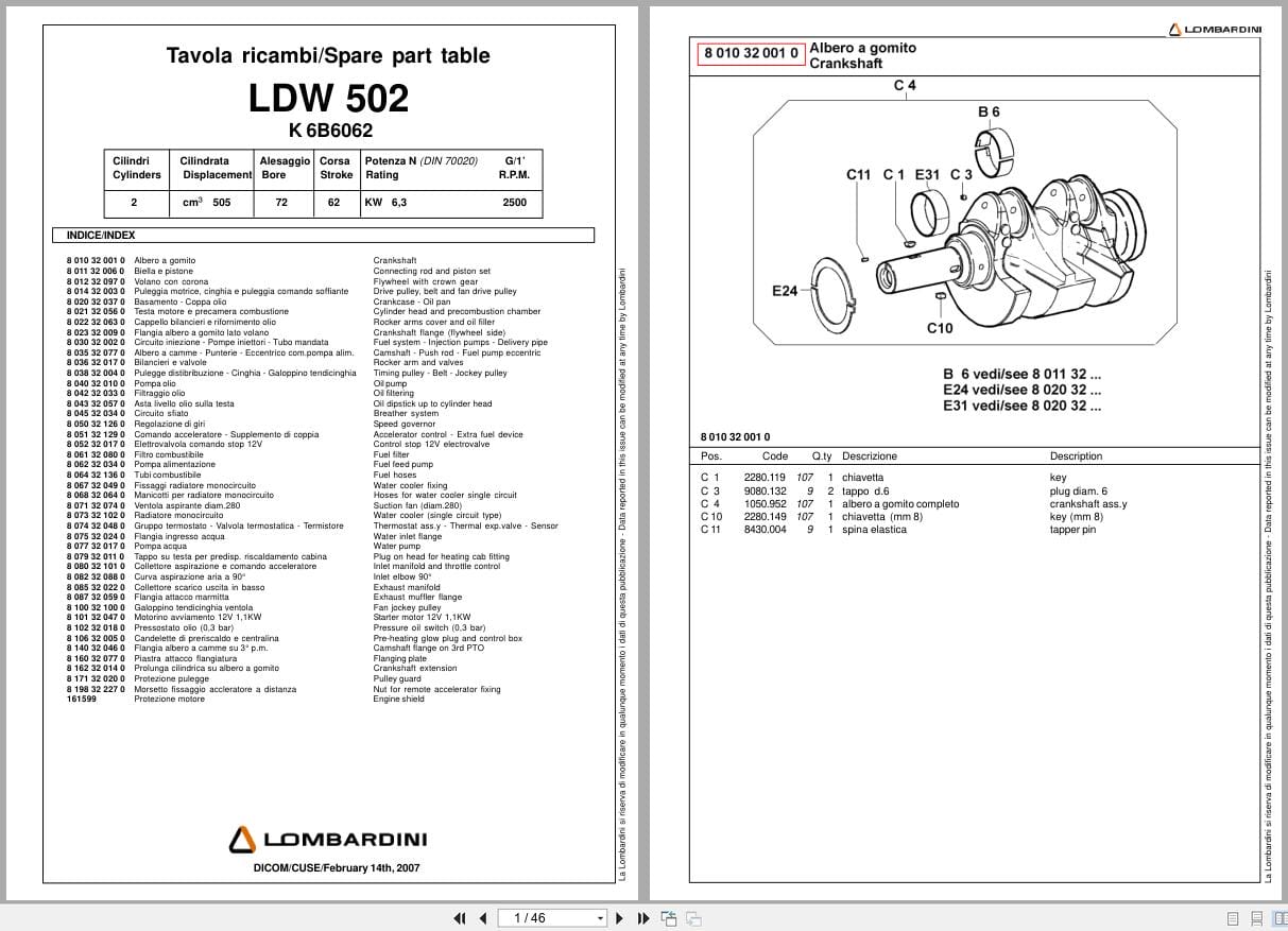 Lombardini Engine LDW 502 K 6B6062 Spare Part Table 2007 EN IT (1)