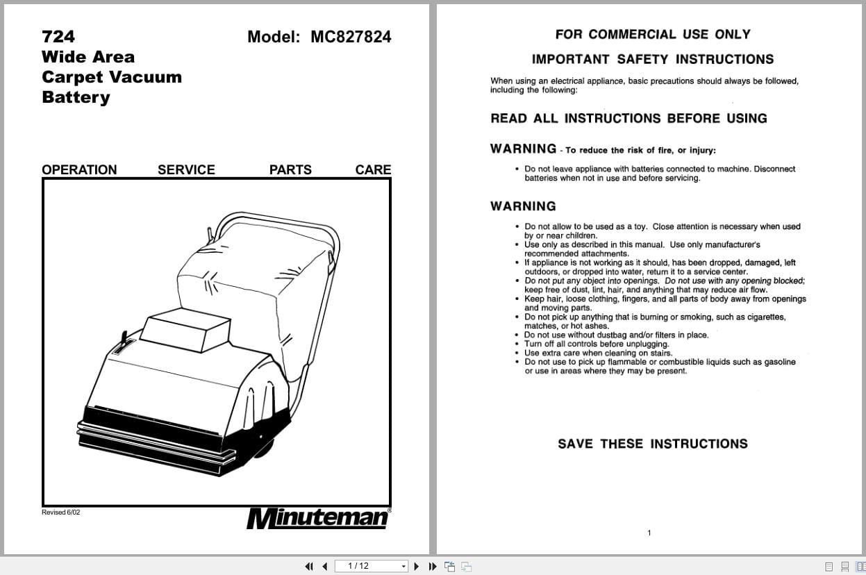 Minuteman 724 Carpet Vacuum MC827824 Operation Service Parts Care 987837 2002 (1)