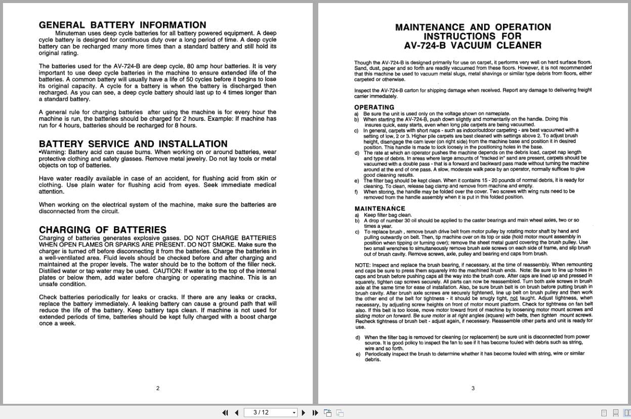 Minuteman 724 Carpet Vacuum MC827824 Operation Service Parts Care 987837 2002 (2)