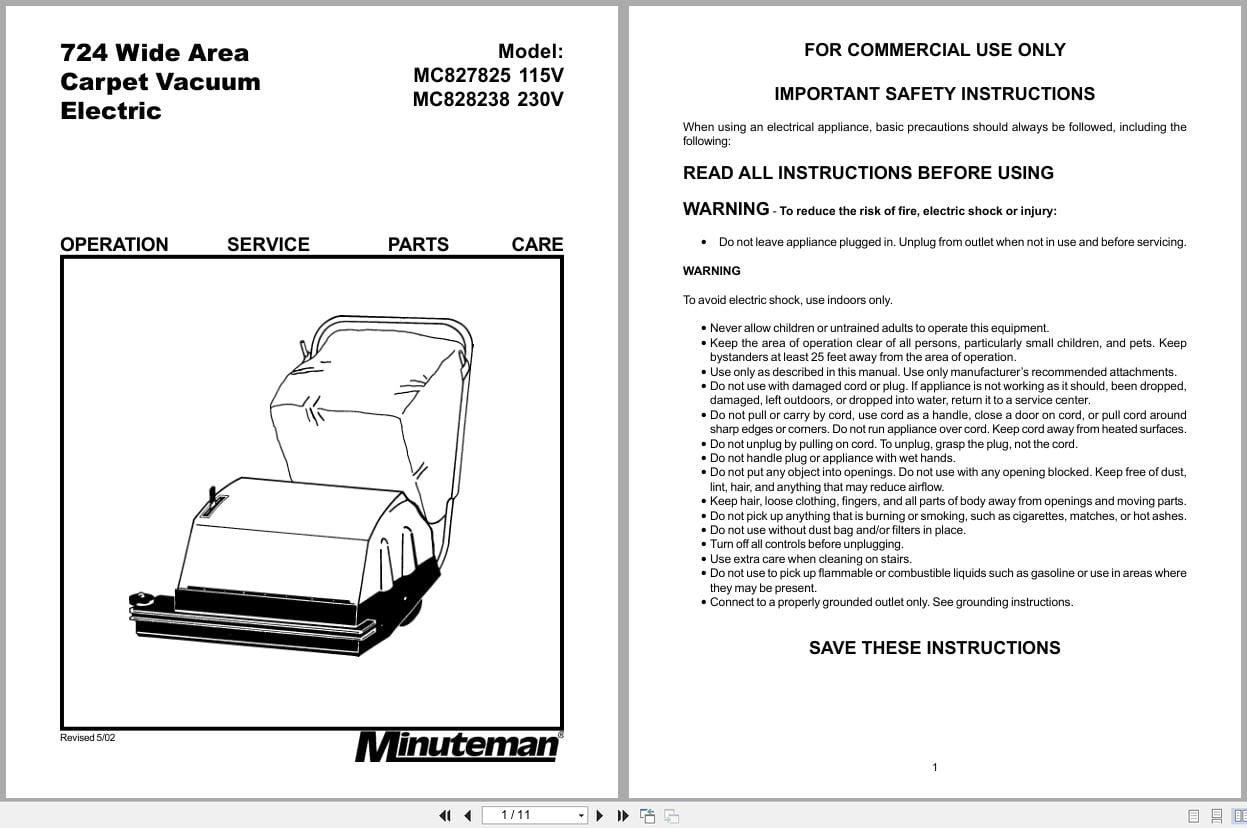 Minuteman 724 Carpet Vacuum MC827825 MC828238 Operation Service Parts Care 987860 2002 (1)
